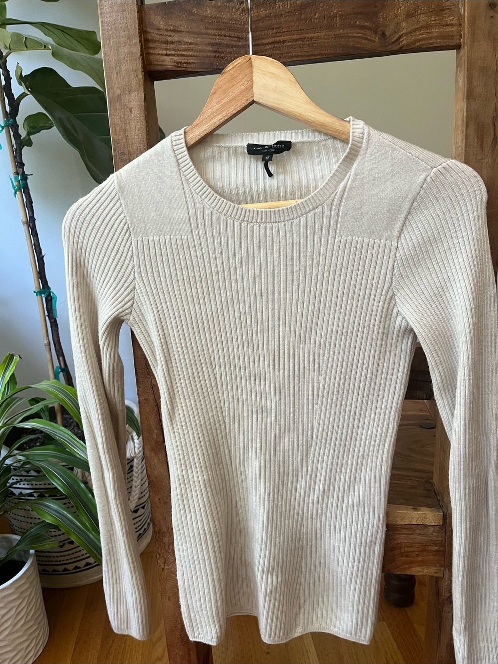 rag & bone Cream Ribbed Crewneck Sweater